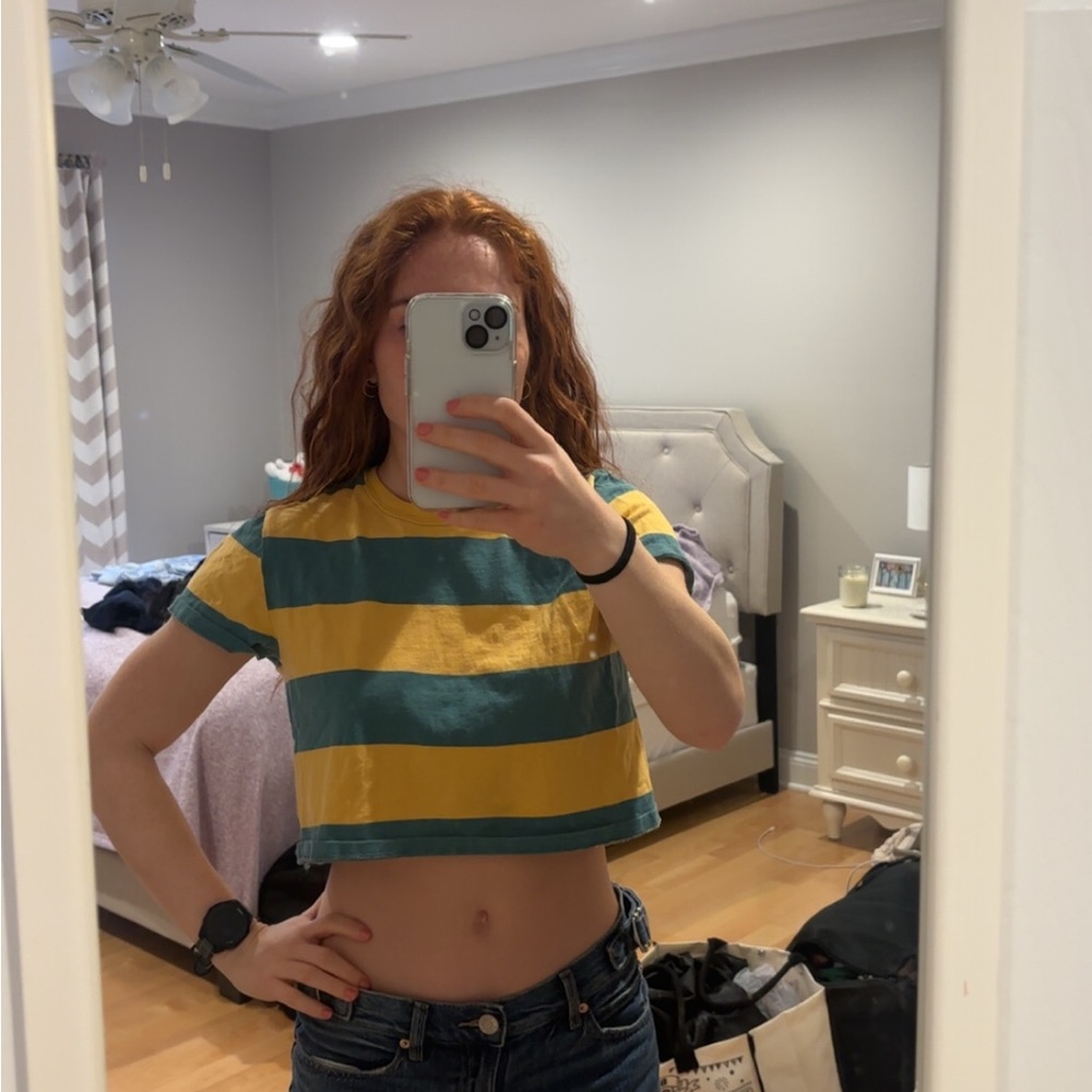Yellow and Aqua Stripe Cropped Tee